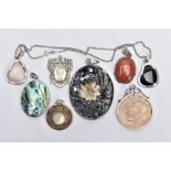 A SELECTION OF PENDANTS, to include an oval pendant with dyed sponge coral and abalone shell panels,