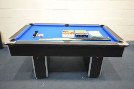 A POOL TABLE, blue baize playing surface, on twin supports, width 188cm x depth 110cm x height 81cm,