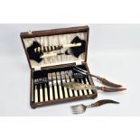 A CASED FISH FORK AND KNIFE SET AND A CARVING SET, a hinged wooden case containing a set of six fish