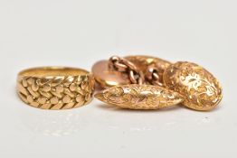 TWO ITEMS OF GENTLEMANS JEWELLERY A SHOT KEEPERS WEAVE RING AND A LATE VICTORIAN PAIR OF GOLD