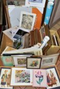 TWO BOXES OF DECORATIVE PRINTS to include an E Charles Simpson watercolour 'May Blossom,