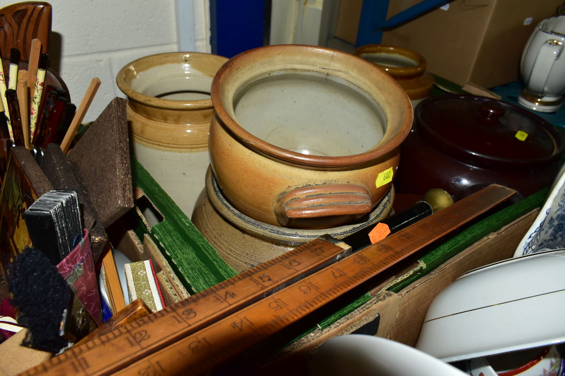 FOUR BOXES AND LOOSE CERAMICS, GLASS AND COLLECTABLES, etc, including a George VI wooden measuring - Image 6 of 9