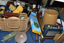 TWO BOXES AND LOOSE METALWARES, TREEN, MISCELLANEOUS ITEMS, etc, including a wicker basket and place