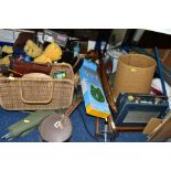 TWO BOXES AND LOOSE METALWARES, TREEN, MISCELLANEOUS ITEMS, etc, including a wicker basket and place