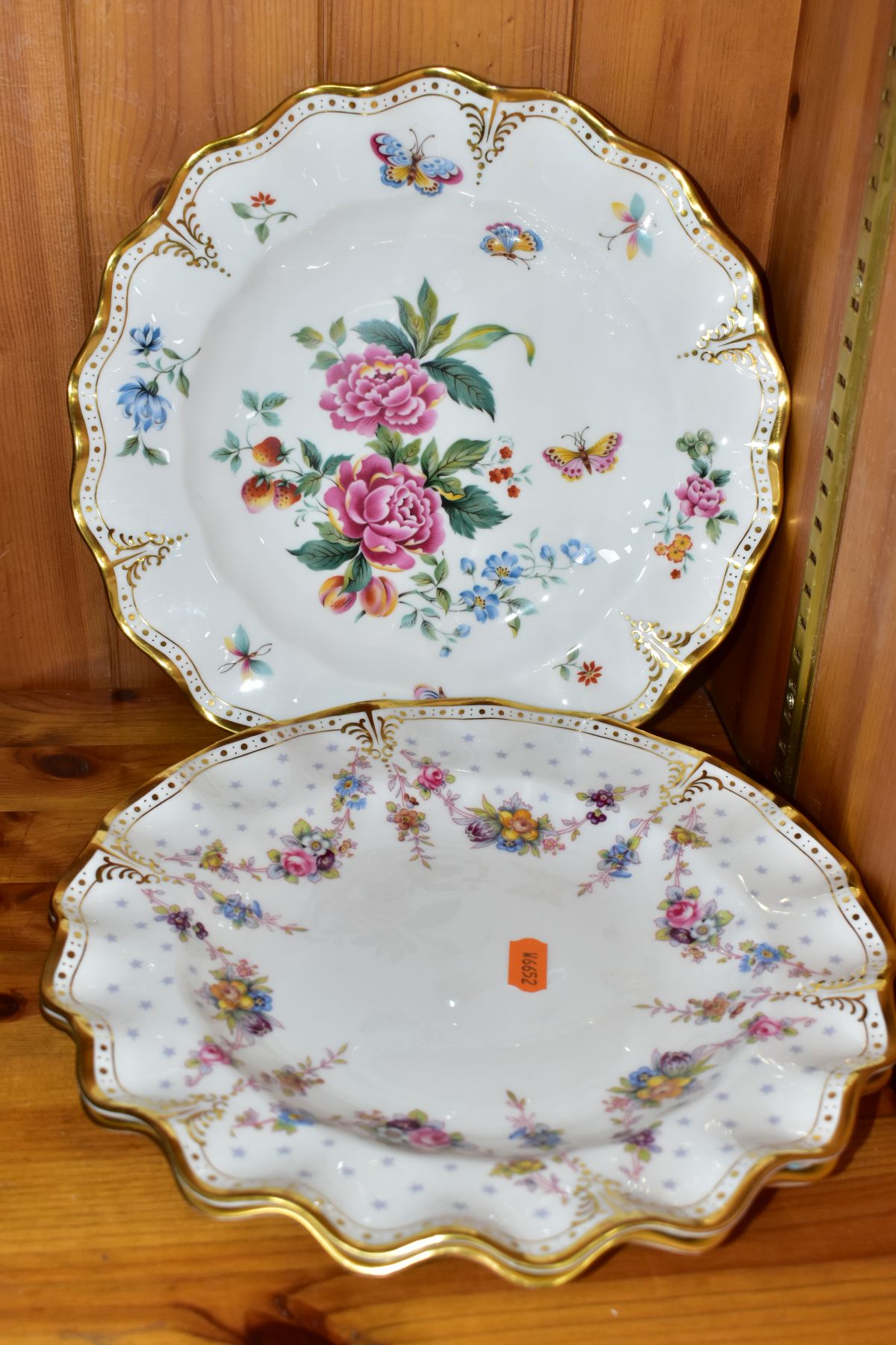 FOUR ROYAL CROWN DERBY WAVY RIMMED AND FLUTED CABINET PLATES, comprising two Royal Antoinette (one a - Image 2 of 4