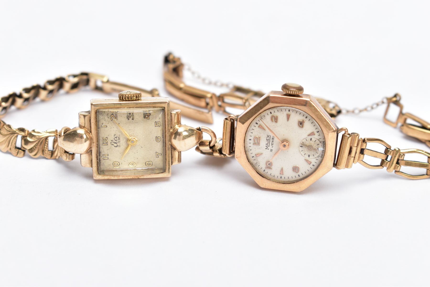 TWO EARLY TO MID 20TH CENTURY GOLD LADY'S MECHANICAL HAND WOUND WRISTWATCHES, a Elco square dial, to - Image 2 of 4