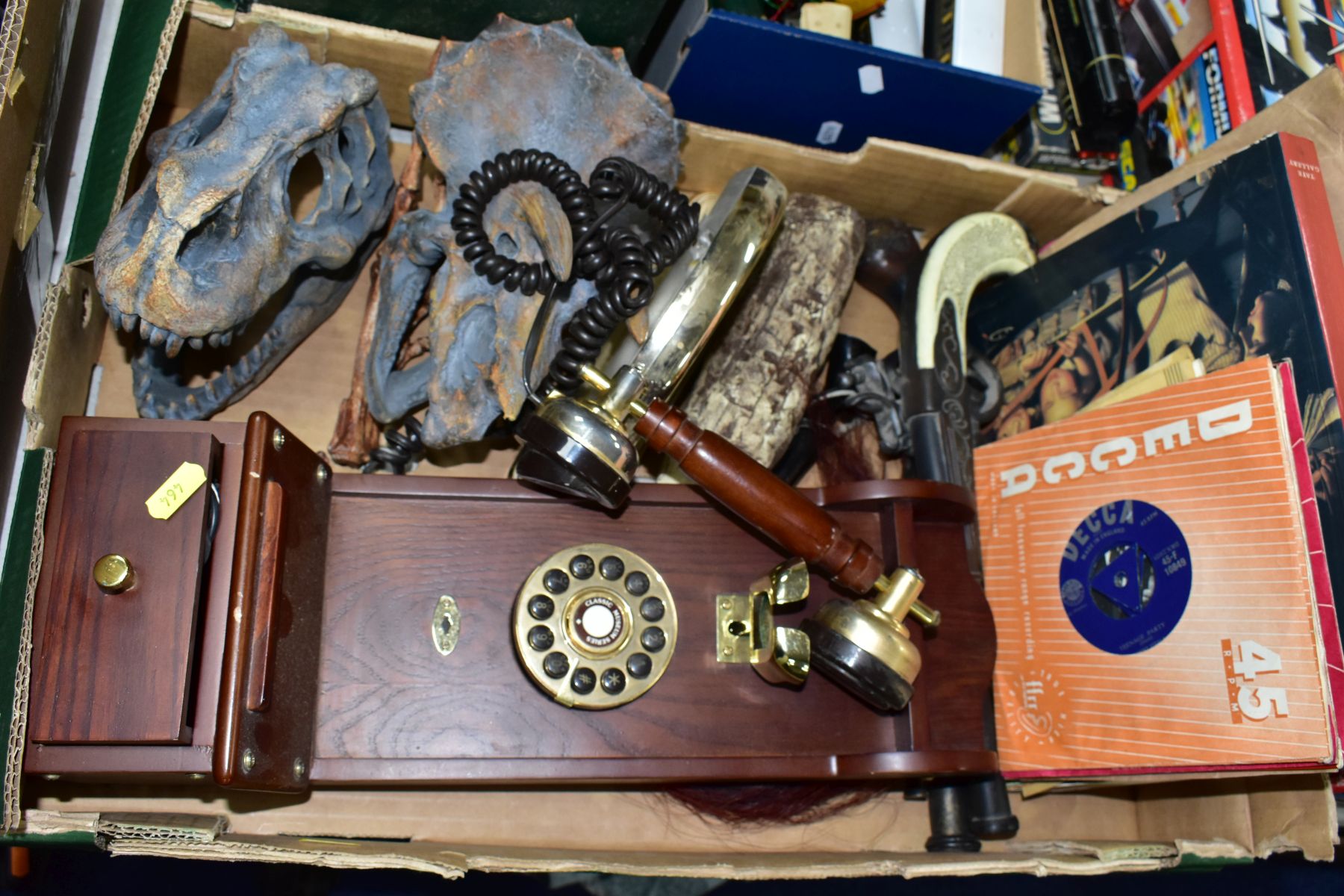 A BOX OF SUNDRY ITEMS, to include modern steepletone wall mounted phone 'Classic Museum Series',