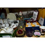 TWO BOXES AND LOOSE CERAMICS, GLASS, ETC, to include Minton 'Winchester' part coffee set (four cups,