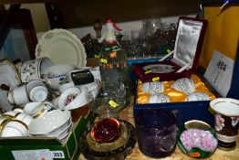 TWO BOXES AND LOOSE CERAMICS, GLASS, ETC, to include Minton 'Winchester' part coffee set (four cups,