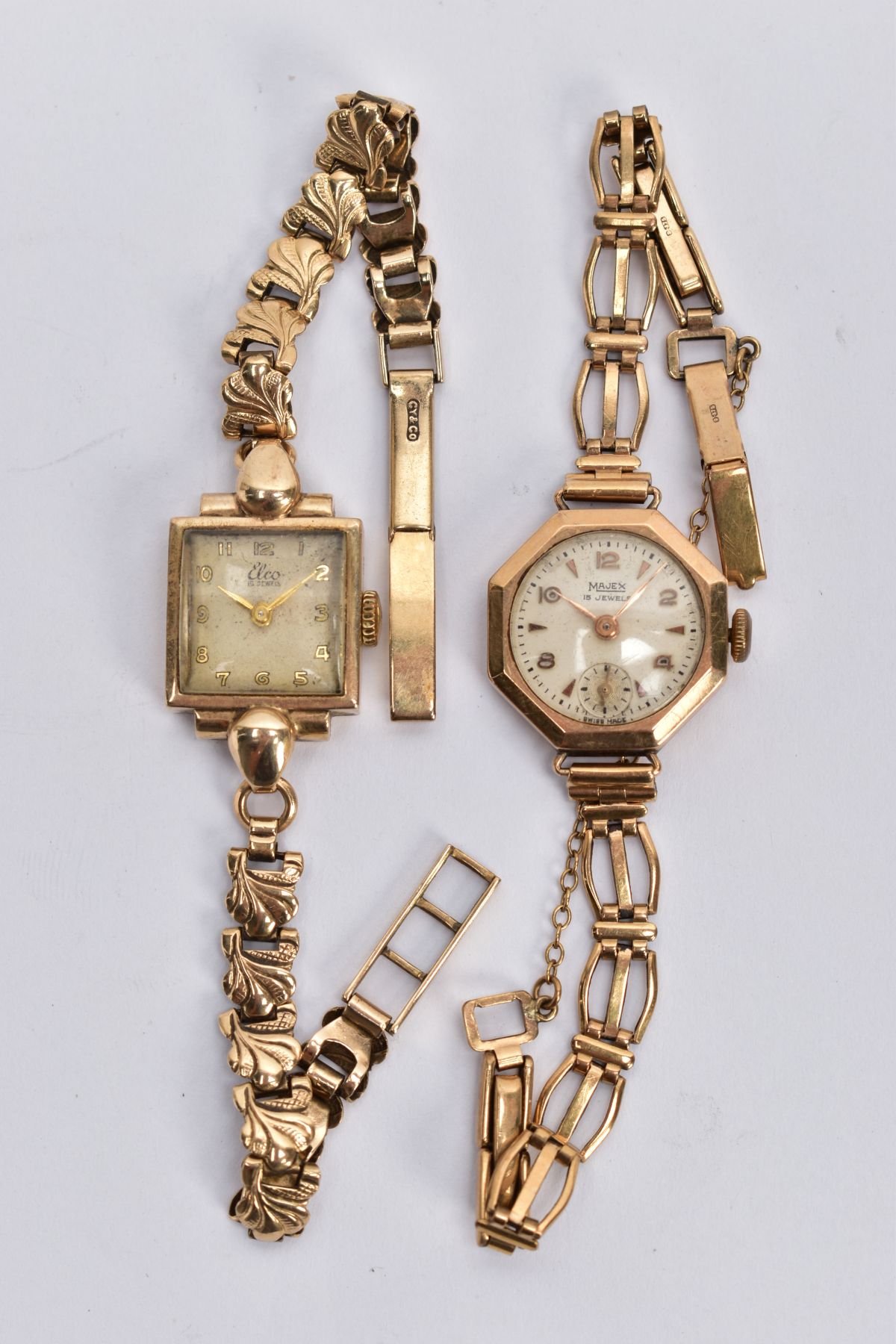 TWO EARLY TO MID 20TH CENTURY GOLD LADY'S MECHANICAL HAND WOUND WRISTWATCHES, a Elco square dial, to