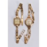 TWO EARLY TO MID 20TH CENTURY GOLD LADY'S MECHANICAL HAND WOUND WRISTWATCHES, a Elco square dial, to