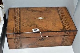 A VICTORIAN TUNBRIDGE WARE AND BURR WALNUT WRITING SLOPE, lacks mother of pearl lozenge shaped