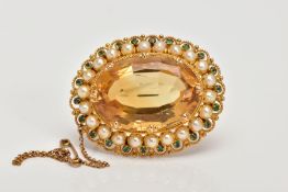 A LARGE CITRINE, PEARL AND EMERALD OVAL BROOCH, a large faceted citrine measuring approximately 29.