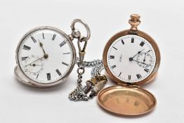 A SILVER WALTHAM POCKET WATCH, white Roman numeral dial, subsidiary dial at six o'clock, vacant