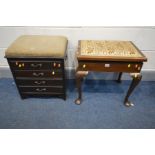 AN EDWARDIAN MAHOGANY PIANO STOOL fitted with four sheet music drawers, along with a mahogany