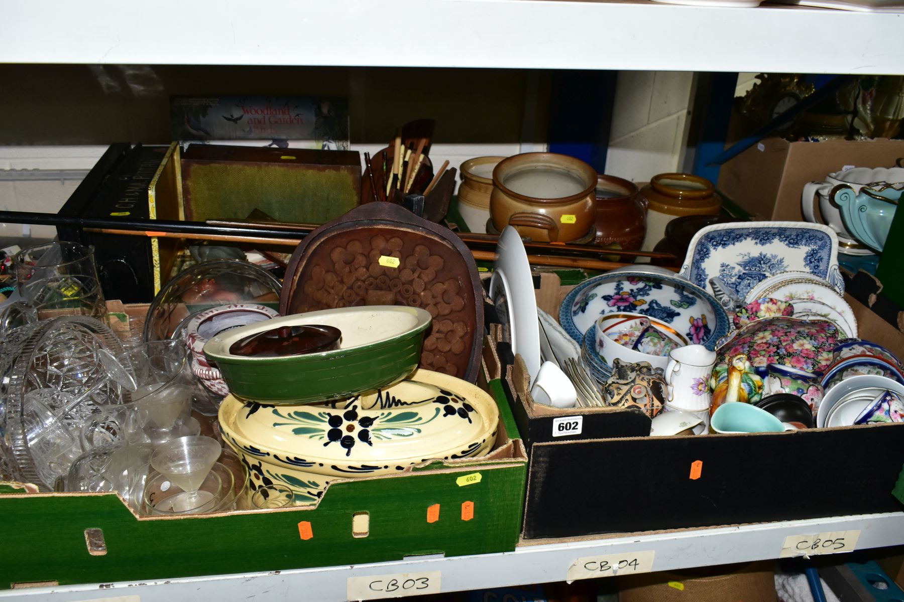 FOUR BOXES AND LOOSE CERAMICS, GLASS AND COLLECTABLES, etc, including a George VI wooden measuring