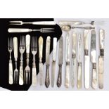 A SELECTION OF CUTLERY, to include three Edwardian mother of pearl handled cake knives and four