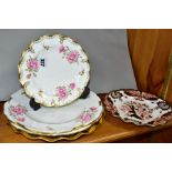 FIVE ROYAL CROWN DERBY CABINET PLATES, three with wavy and fluted rims and two with wavy and
