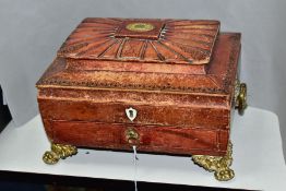 A REGENCY RED MOROCCO LEATHER AND BRASS MOUNTED WORK BOX OF SARCOPHAGUS FORM, fanned raised top with