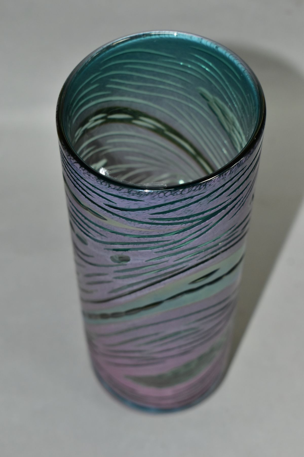RICHARD GOLDING FOR OKRA GLASS, a cylindrical purple/blue iridescent vase with a textured surface, - Image 4 of 6