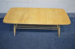 AN ERCOL COFFEE TABLE, rectangular top, splayed legs united by a spindled under tier, width 104cm