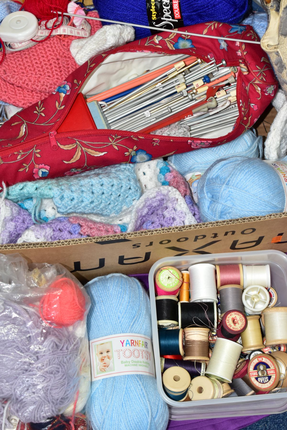 FIVE BOXES OF WOOL, KNITTING NEEDLES, BEDDING AND KNITWARE, the knitware looks to be homemade, the - Image 3 of 3