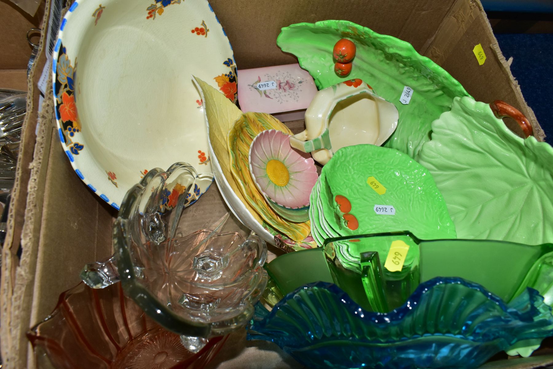 TWO BOXES OF SILVER PLATE, CARLTON WARE DISHES, COLOURED PRESSED GLASS DISHES, etc, including a - Image 3 of 5