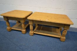 A PINE COFFEE TABLE, length 90cm x depth 60cm x height 48cm and a matching square occasional