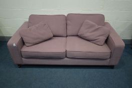 A PURPLE UPHOLSTERED SOFA WORKSHOP TWO SEAT SETTEE, inner width 155cm, outer width 187cm