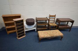 A QUANTITY OF OCCASIONAL FURNITURE, to include two tea trolleys, duet footstool, oak rush seated