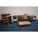 A QUANTITY OF OCCASIONAL FURNITURE, to include two tea trolleys, duet footstool, oak rush seated