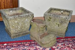 A PAIR OF RECONSTITUTED STONE POTS, 13cm x 14cm, together with a novelty concrete foot