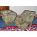 A PAIR OF RECONSTITUTED STONE POTS, 13cm x 14cm, together with a novelty concrete foot