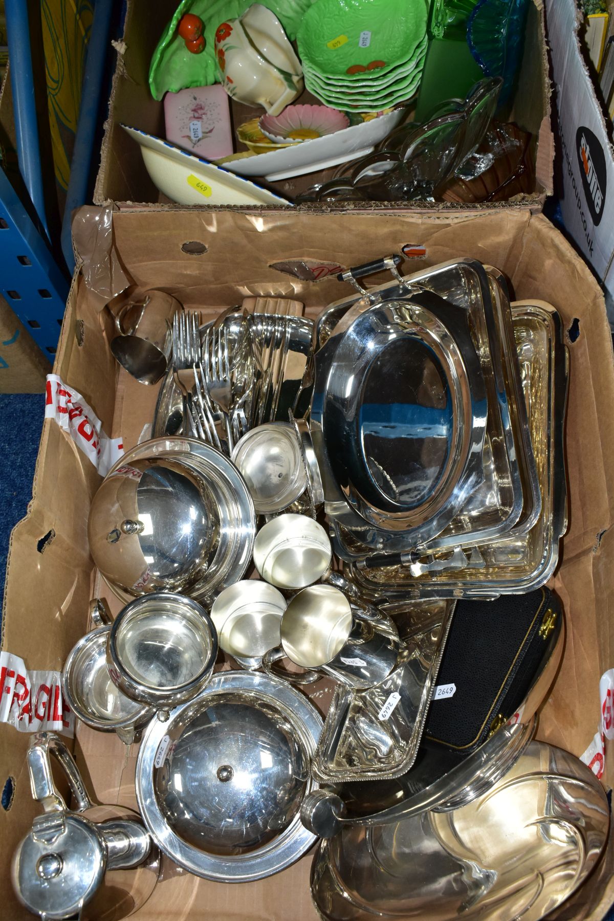 TWO BOXES OF SILVER PLATE, CARLTON WARE DISHES, COLOURED PRESSED GLASS DISHES, etc, including a