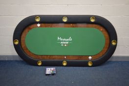 MERIVALE HOUSE TABLE TOP POKER TABLE, with a green playing surface, 223cm x 112cm and a tin a