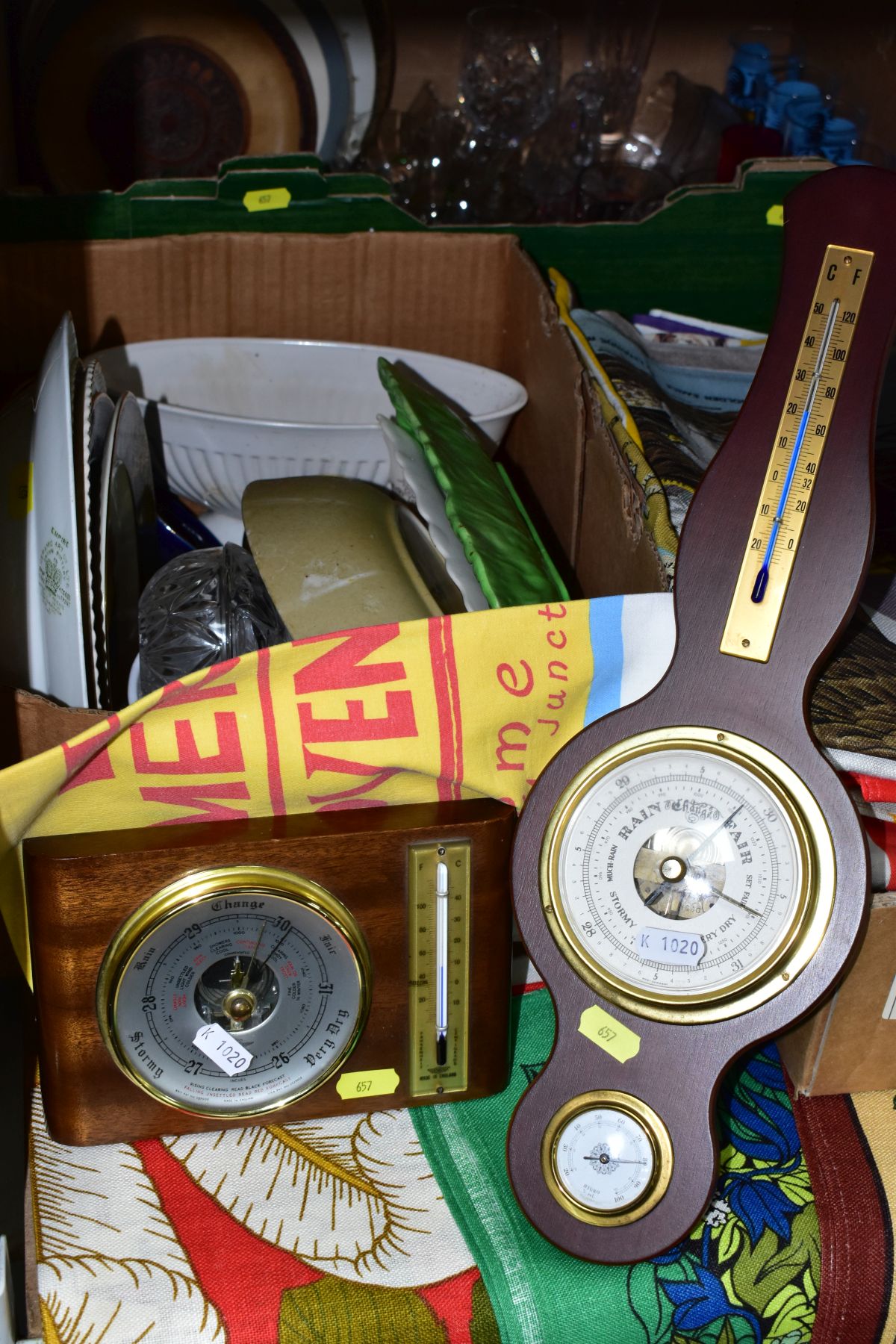 THREE BOXES AND LOOSE SUNDRY ITEMS, ETC, to include two barometer/thermometers, novelty salt and - Image 2 of 6