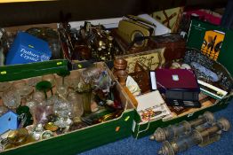 FOUR BOXES, A WICKER HAMPER (ORACLE - EMPTY) AND LOOSE SUNDRY ITEMS AND GLASSWARE, to include