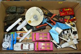 A QUANTITY OF UNBOXED AND ASSORTED PLAYWORN FILM, TV AND MILITARY DIECAST VEHICLES, to include Corgi