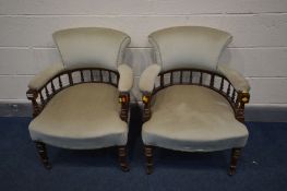 A PAIR OF EDWARDIAN MAHOGNANY TUB CHAIRS, with scrolled backs
