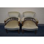 A PAIR OF EDWARDIAN MAHOGNANY TUB CHAIRS, with scrolled backs