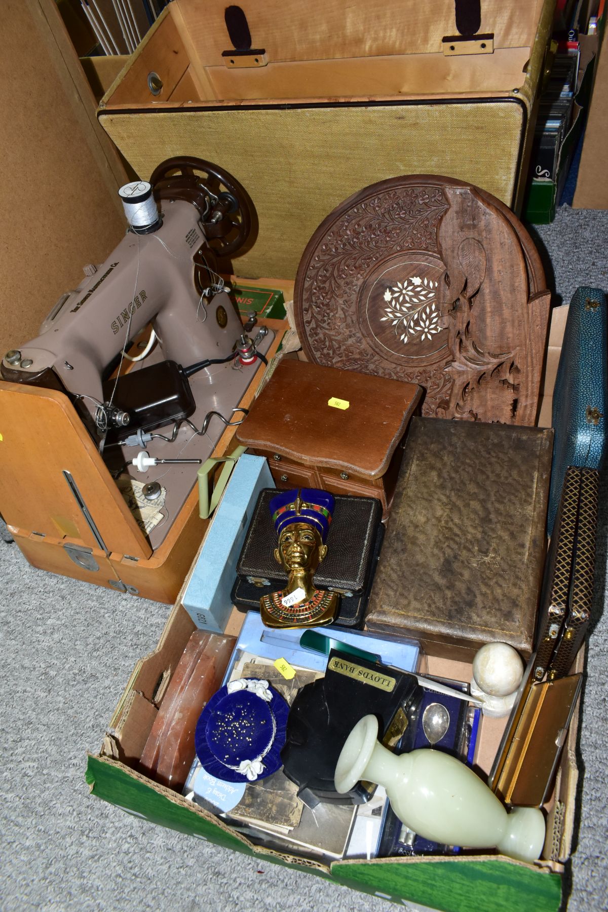 A BOX AND LOOSE SUNDRY ITEMS ETC, to include a Singer 201K sewing machine with accessories, boxed