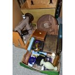 A BOX AND LOOSE SUNDRY ITEMS ETC, to include a Singer 201K sewing machine with accessories, boxed