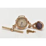 THREE ITEMS OF JEWELLERY, to include a circular 1920's 9ct gold watch head with Arabic numerals,