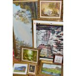 PAINTINGS AND PRINTS, ETC, comprising a lake landscape signed L.W.Mee, oil on board, size