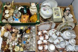 FOUR BOXES OF CERAMICS, GLASS, ETC, including a small quantity of Wade Whimsies, part tea sets,