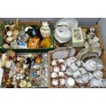 FOUR BOXES OF CERAMICS, GLASS, ETC, including a small quantity of Wade Whimsies, part tea sets,