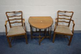 AN SMALL OAK GATE LEG TABLE, width 75cm x open depth 112cm x closed depth 41cm x height 73cm and a