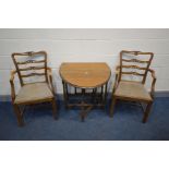 AN SMALL OAK GATE LEG TABLE, width 75cm x open depth 112cm x closed depth 41cm x height 73cm and a