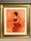 MARK SPAIN (BRITISH CONTEMPORARY) a seated portrait of a female figure wearing a red dress, signed