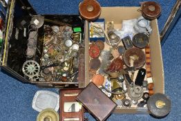 A BOX AND A TIN OF COLLECTABLES, METALWARES, ETC, including an Edwardian walnut cased perpetual